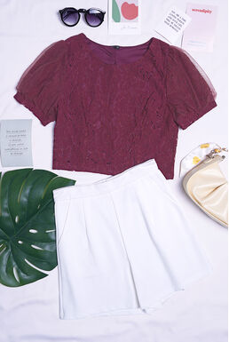 Lace Overlay Mesh Puff Sleeve Top & Short Pants Set (Purple + White)